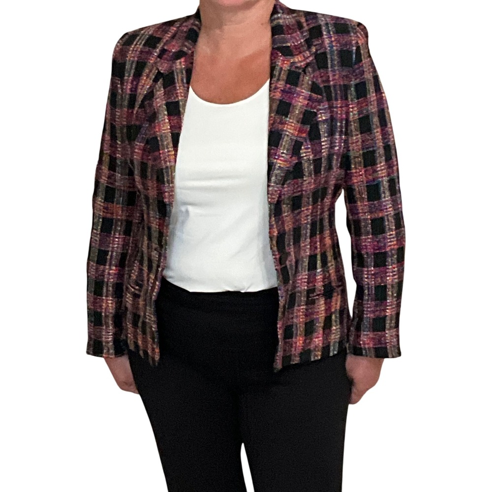 Womens Plaid Blazer 100% Silk Colorful Tweed‎ Jacket Career Business Coat